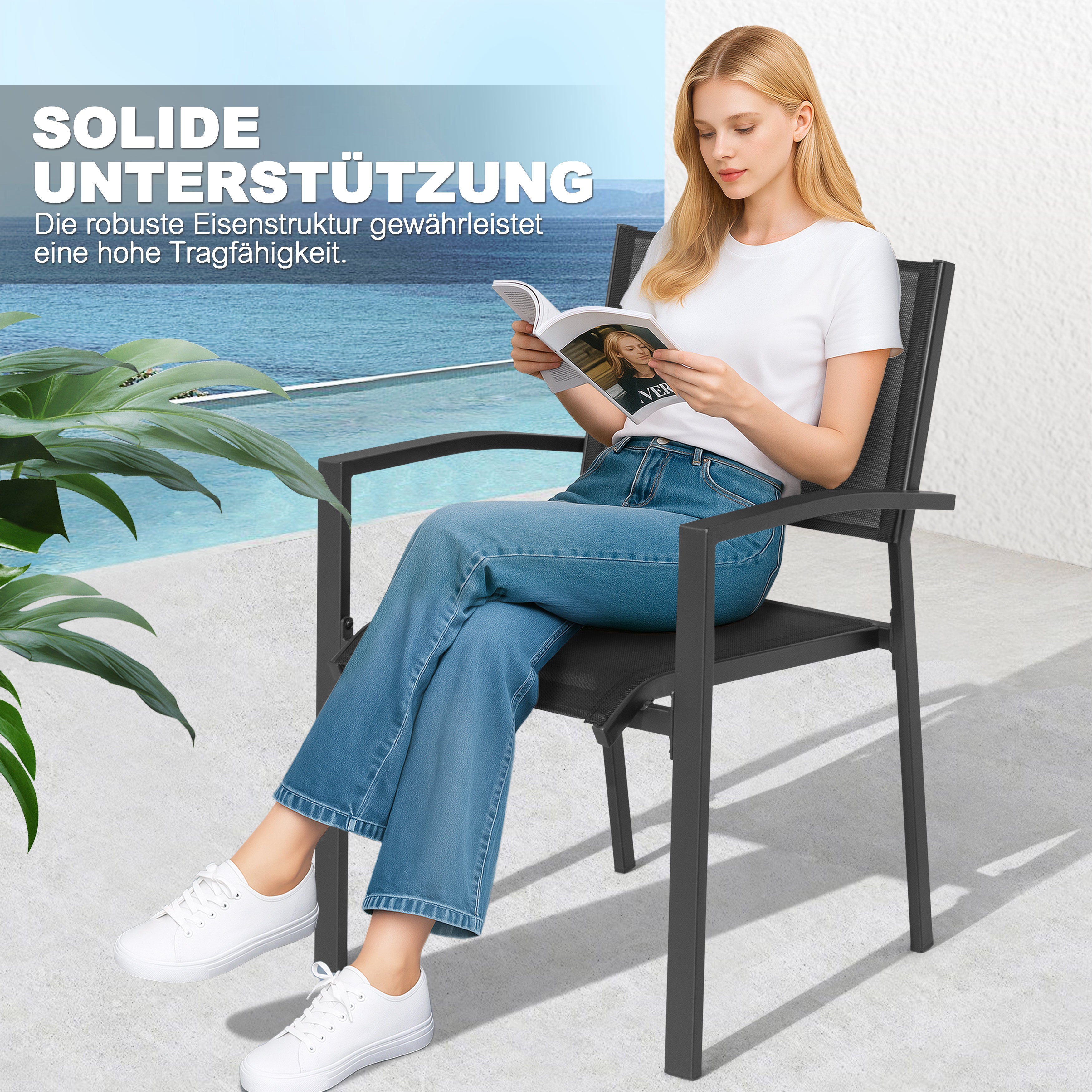 Avestar Stapelbare Esszimmerstühle (2 St.) aus schwarzem Textilene
