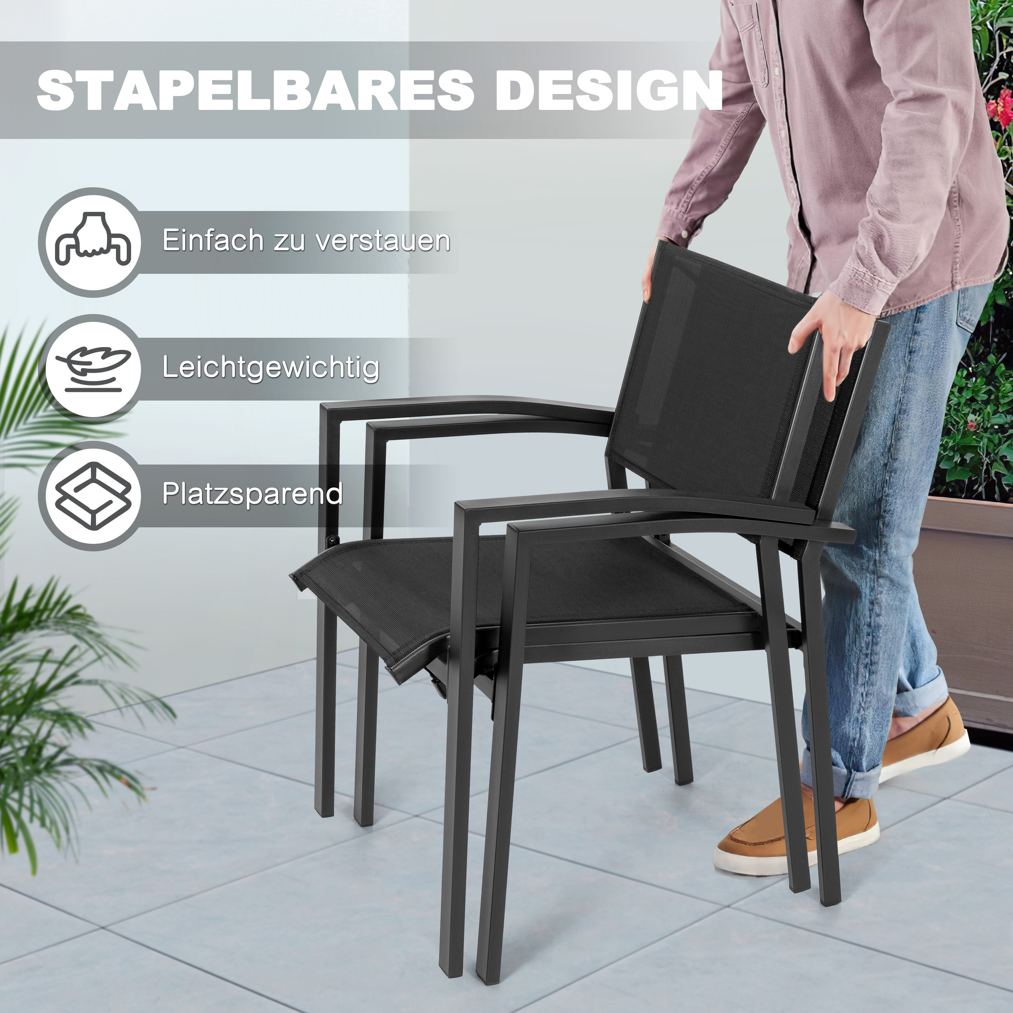 Avestar Stapelbare Esszimmerstühle (2 St.) aus schwarzem Textilene
