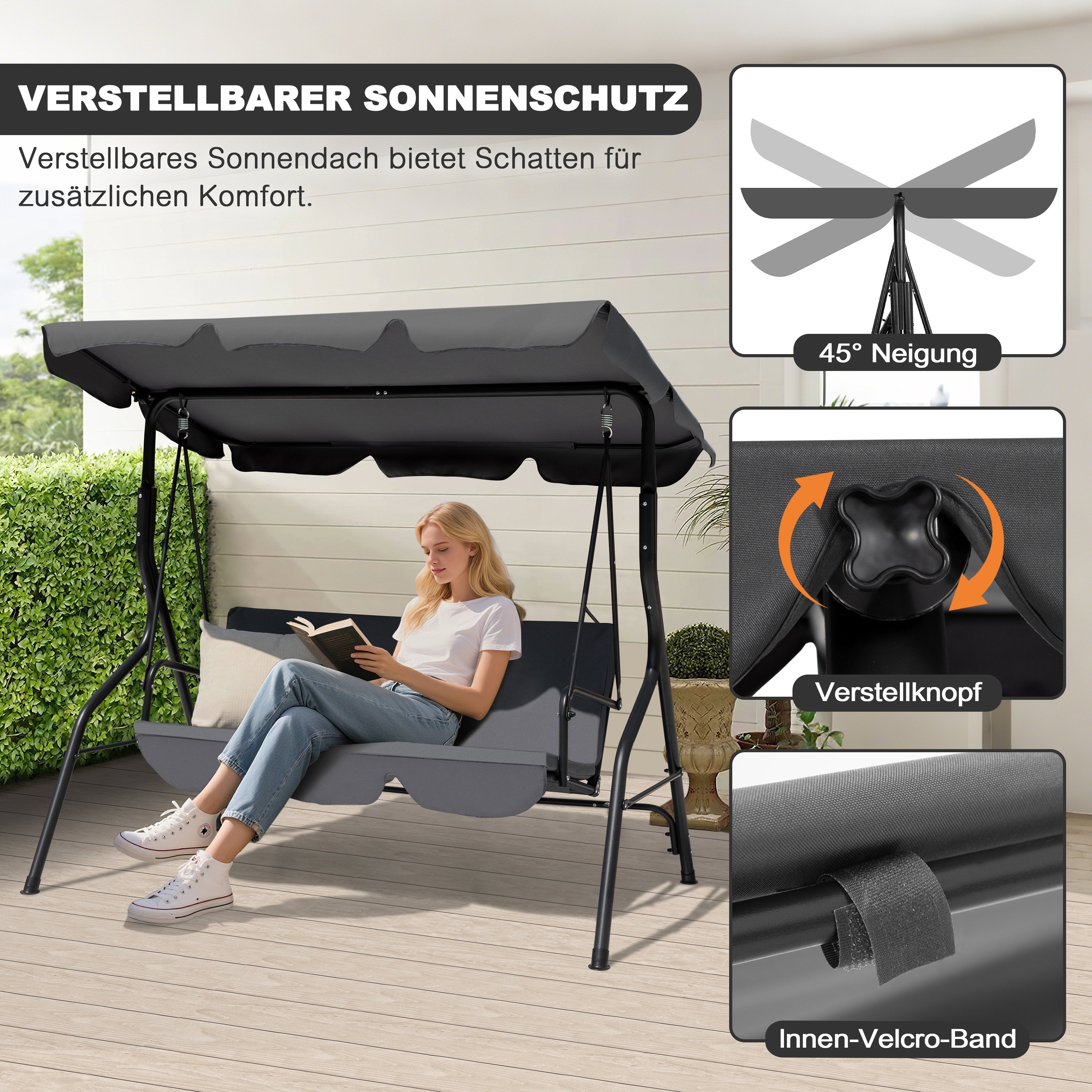 Avestar 3-Sitzer Gartenschaukel mit Vordach und abnehmbarem Kissen, Dunkelgrau
