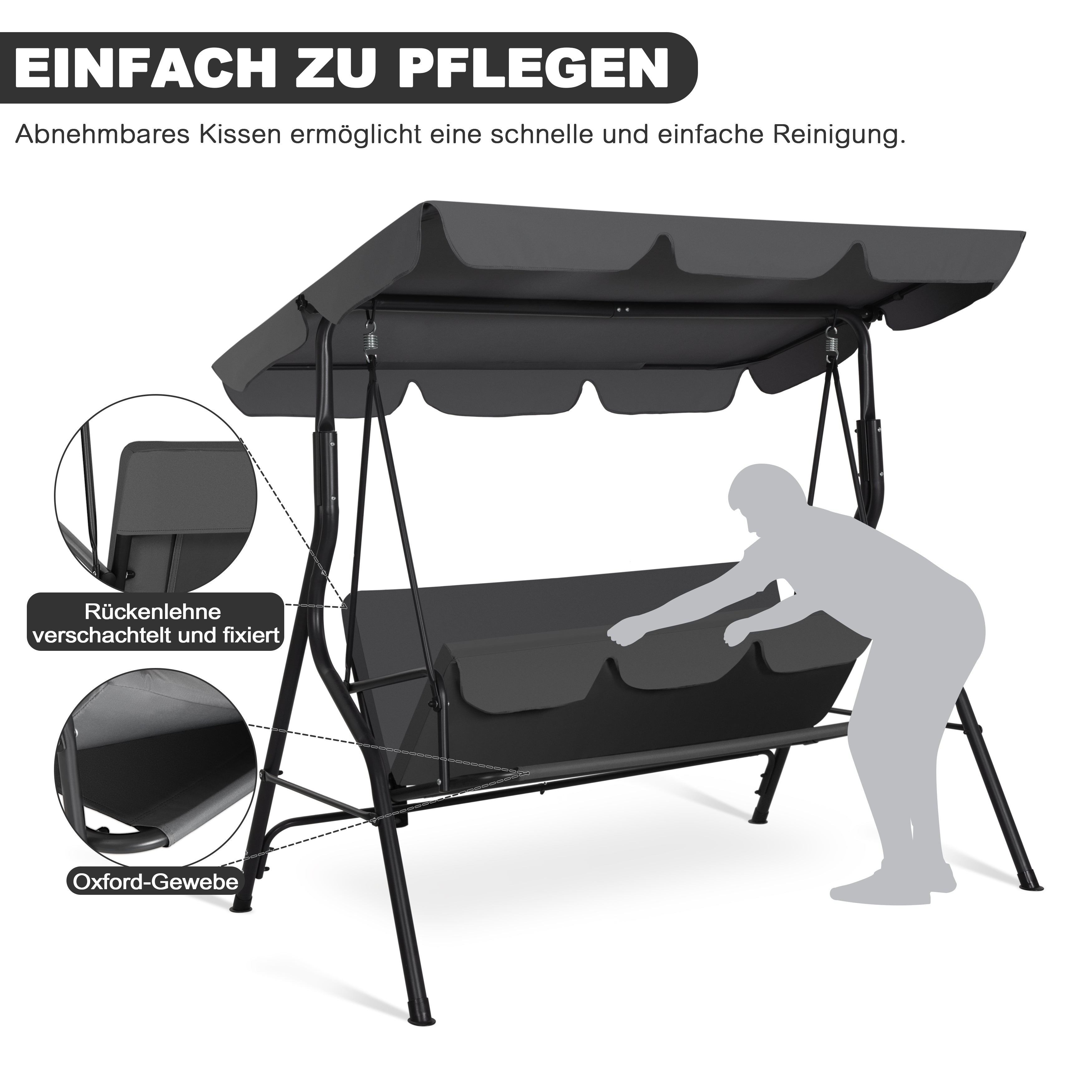 Avestar 3-Sitzer Gartenschaukel mit Vordach und abnehmbarem Kissen, Dunkelgrau