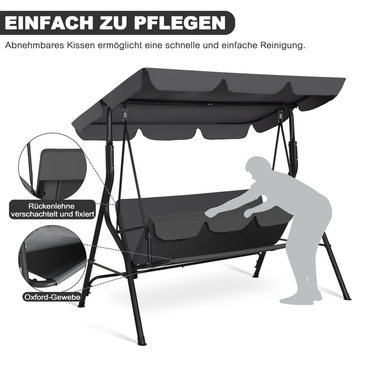 3-Sitzer Gartenschaukel mit Vordach und abnehmbarem Kissen, Dunkelgrau