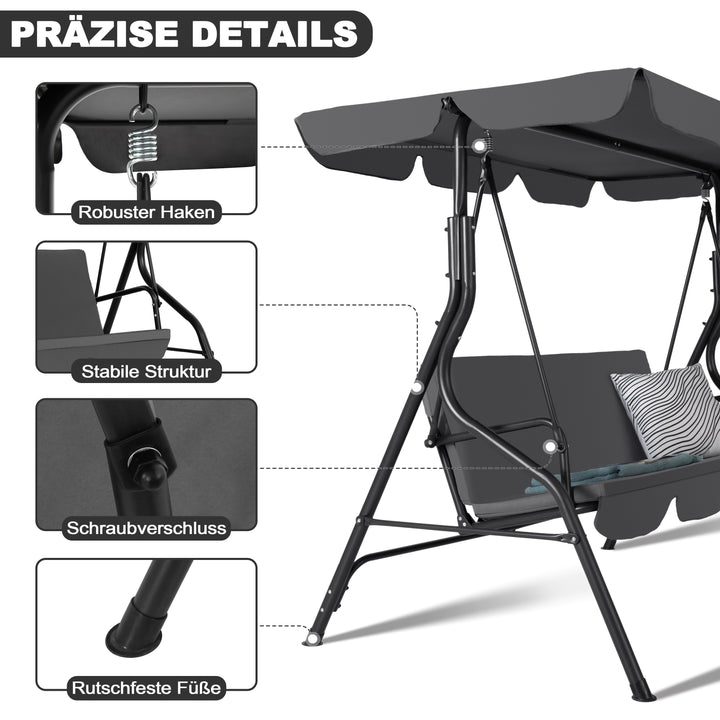 3-Sitzer Gartenschaukel mit Vordach und abnehmbarem Kissen, Dunkelgrau