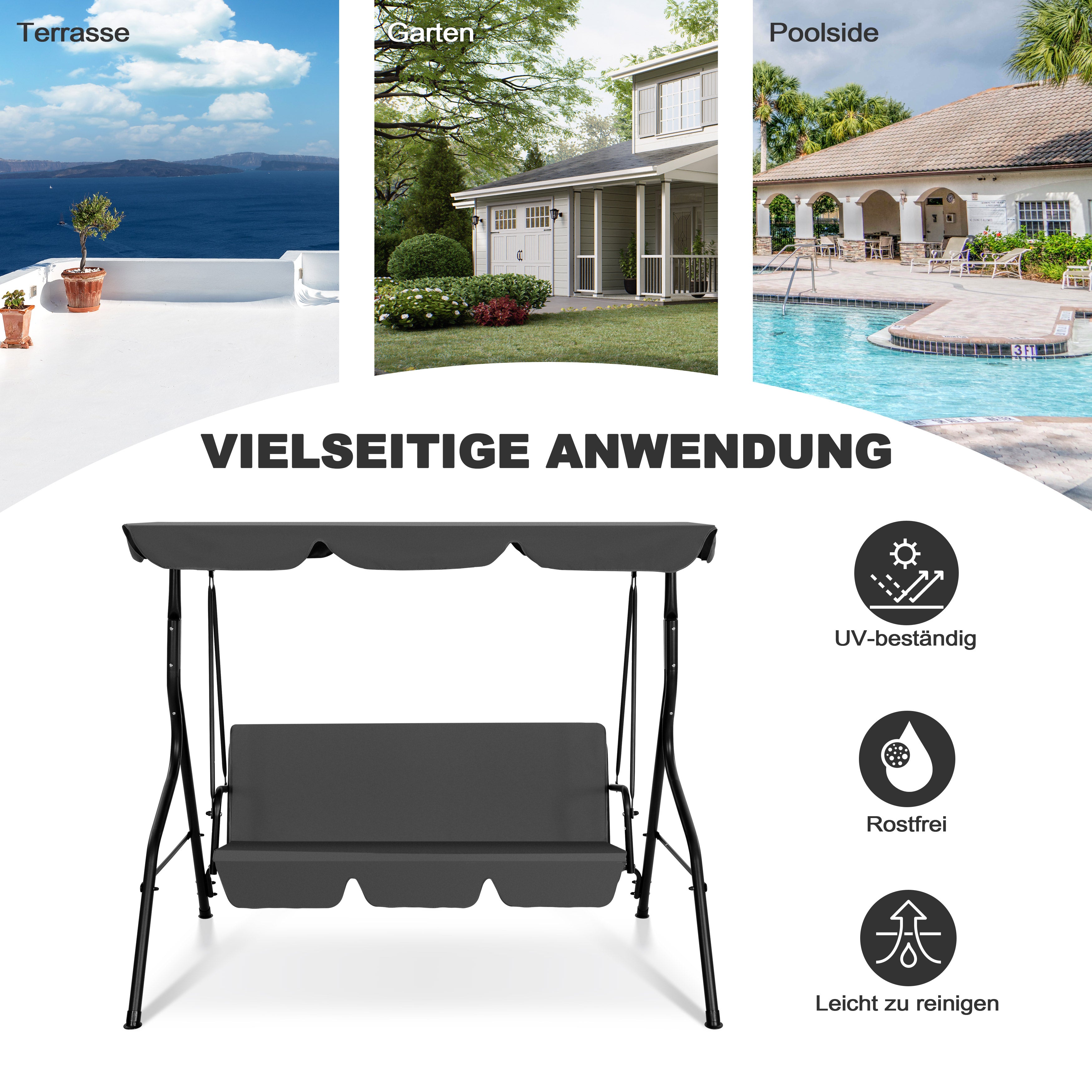 Avestar 3-Sitzer Gartenschaukel mit Vordach und abnehmbarem Kissen, Dunkelgrau