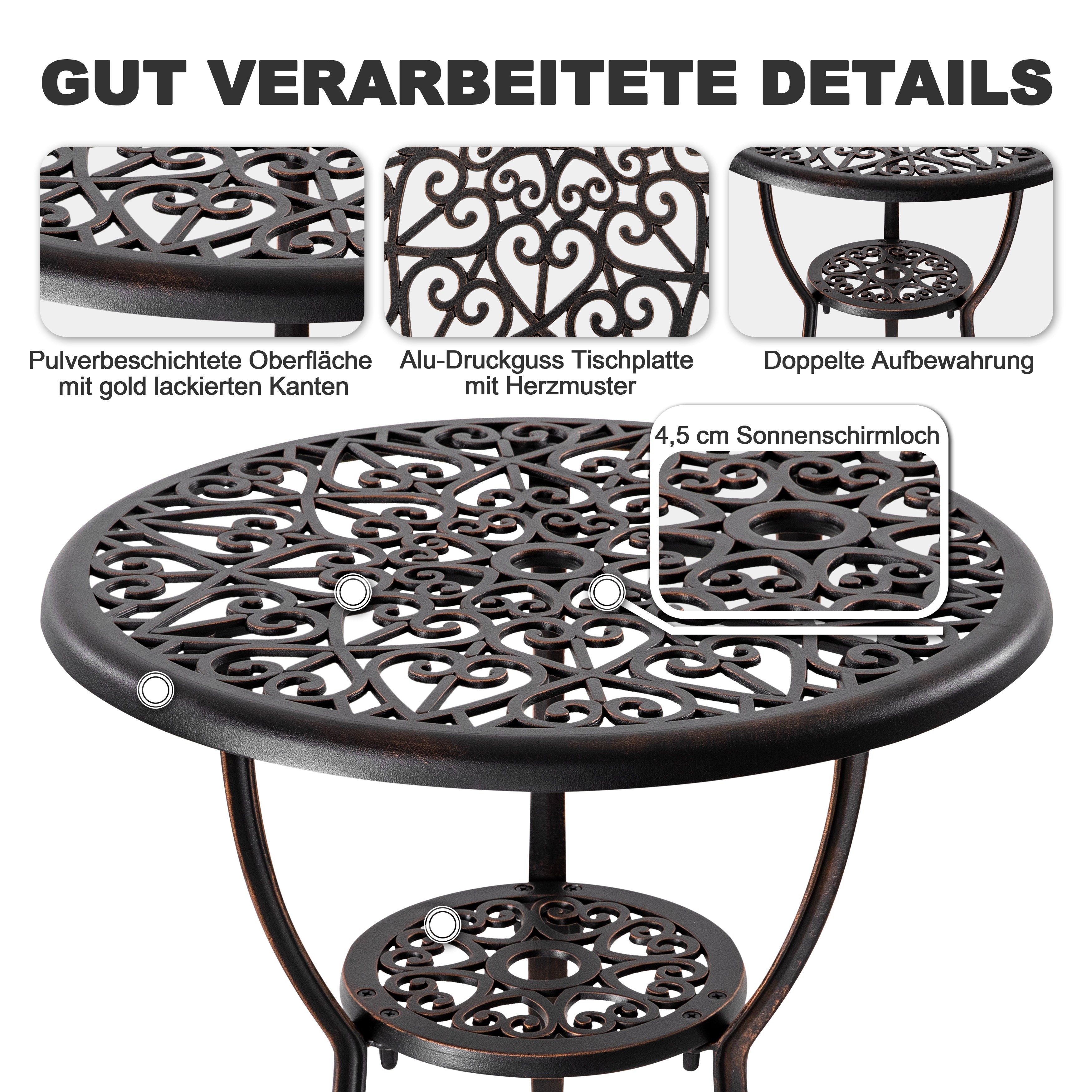 Avestar 3-Tlg. Terrassenset aus Gussaluminium mit 4,5 cm Schirmloch